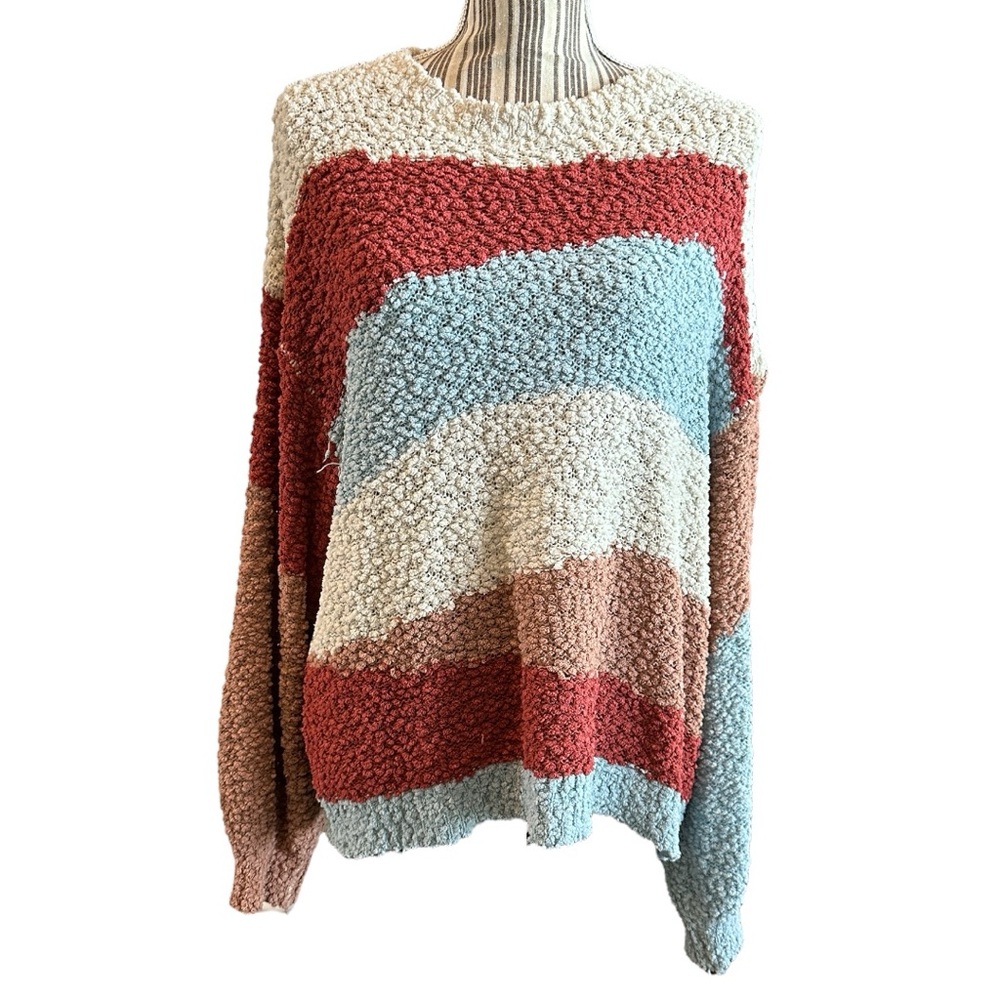 Listicle Red and Blue Crew Neck Sweater with Textured Knit large